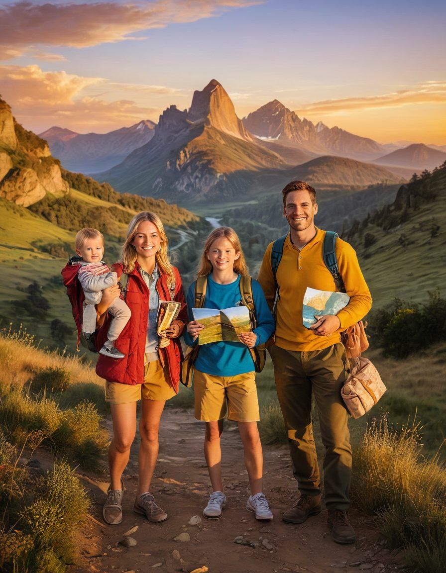 A joyful family of four exploring a picturesque landscape during a Tauck tour, surrounded by breathtaking scenic views and iconic landmarks, each member holding colorful souvenirs. The sun is setting, casting a golden glow on their smiling faces, emphasizing their strong bond. Include elements like a vibrant map and travel gear to symbolize adventure and exploration. painting. warm colors. high detail.