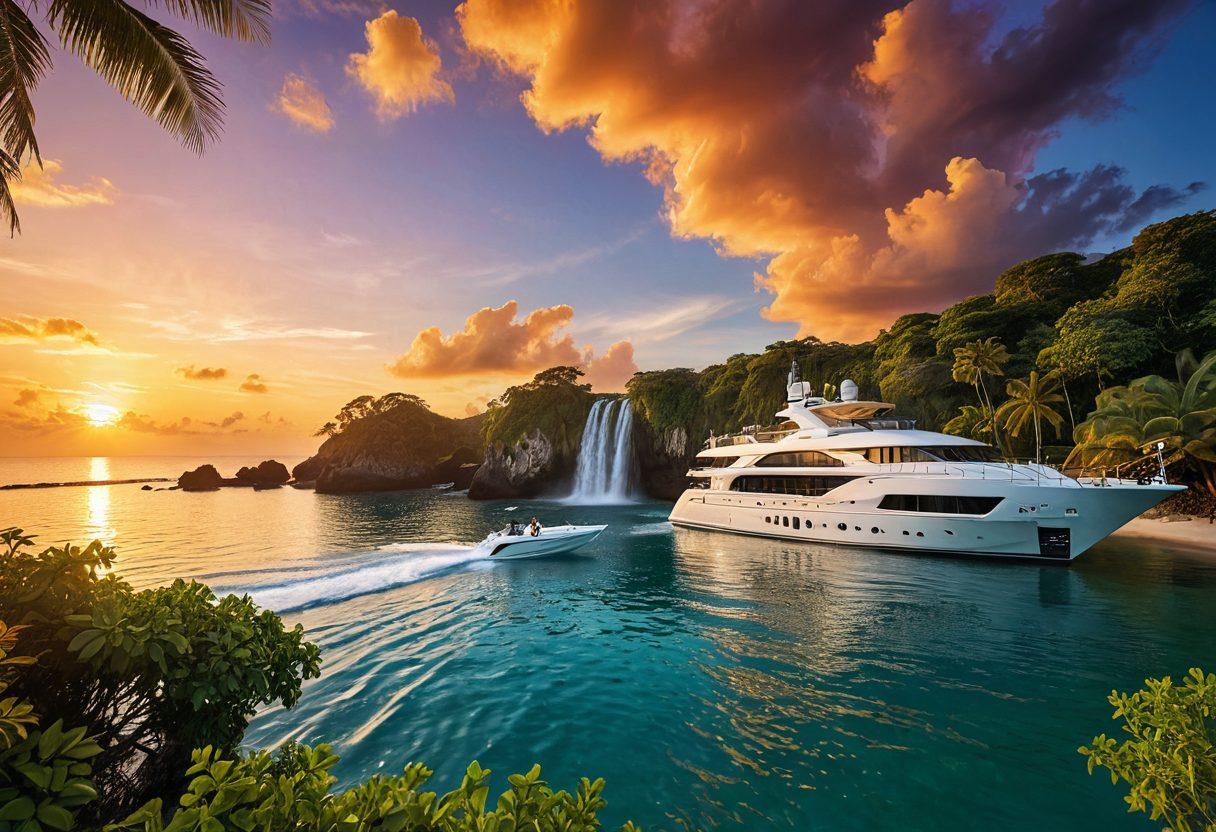 A breathtaking panoramic view of an exotic destination, featuring whimsical landscapes with cascading waterfalls and lush greenery. Luxurious travel elements like a stylish yacht or private jet in the foreground, accompanied by smiling travelers enjoying their adventure. Incorporate vibrant sunsets casting golden hues, emphasizing the essence of exploration and luxury. super-realistic. vibrant colors. 3D.