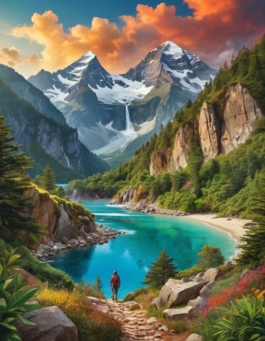 A colorful collage showcasing diverse landscapes, including mountains, forests, and oceans, with smiling travelers engaging in guided adventures like hiking, wildlife watching, and cultural experiences. The Tauck logo subtly integrated into the scenery. Vibrant colors, inviting atmosphere, emphasizing joy and exploration. super-realistic. vibrant colors. 3D.